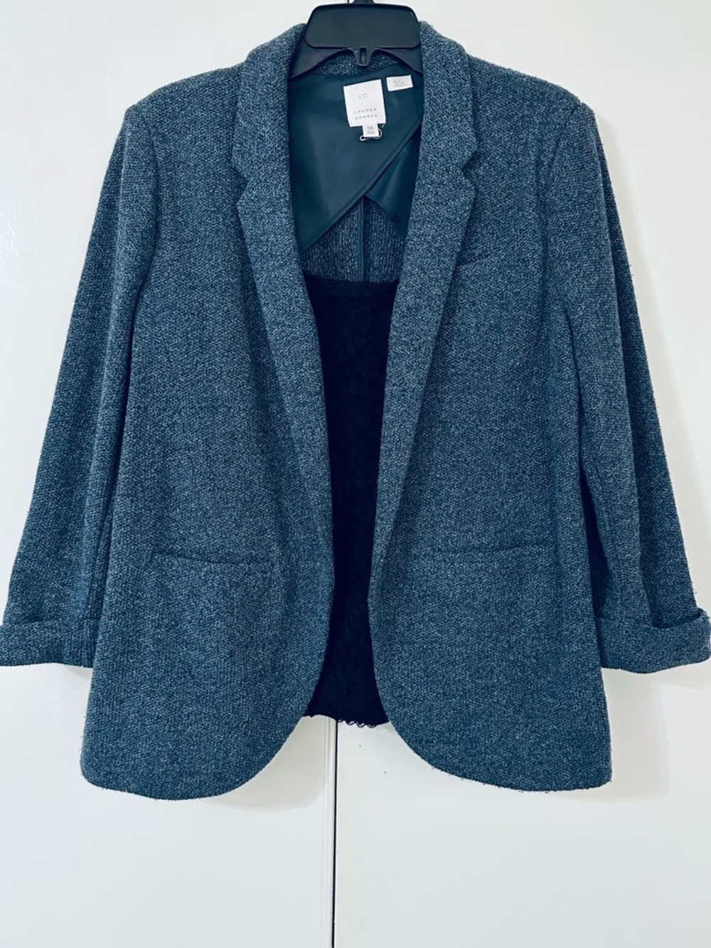 LAUREN CONRAD GRAY TWEED OPEN FRONT BLAZER JACKET 3/4 SLEEVE SIZE 16 - Picture 4 of 13